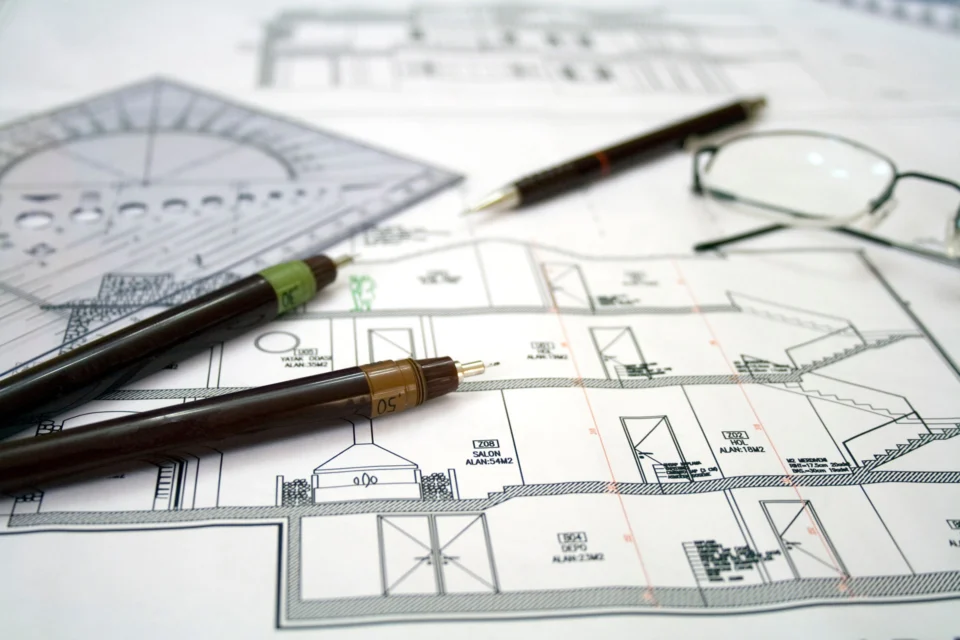 Architectural drawings with pencils on top